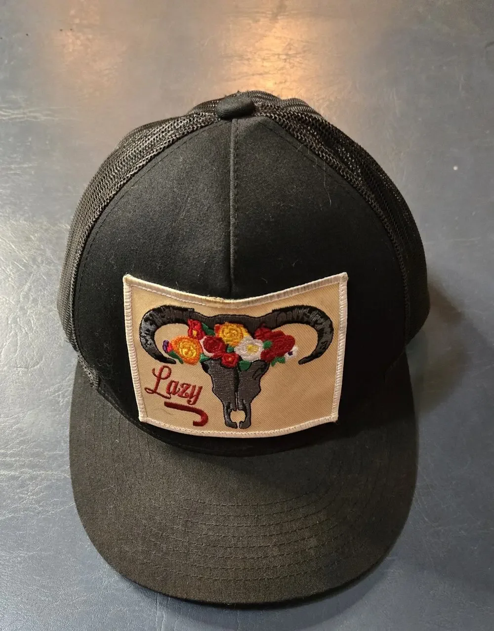 Lazy J Ranch Wear Yupoong Skull Flowers Graphics Black SnapBack Cap Hat Trucker